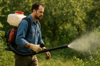 Muži používajúci motorový chrbtový postrekovač v záhrade