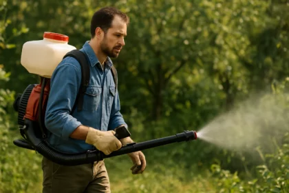 Muži používajúci motorový chrbtový postrekovač v záhrade