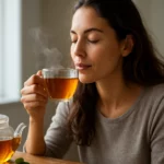 Žena vychutnáva šálku čaju, ktorý vyžaruje osviežujúcu arómu.