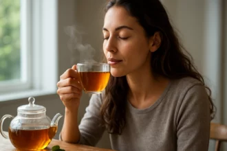 Žena vychutnáva šálku čaju, ktorý vyžaruje osviežujúcu arómu.
