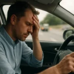 Muž za volantom s bolestivým výrazom, illustrujúci stres a únavu z rýchlej jazdy.