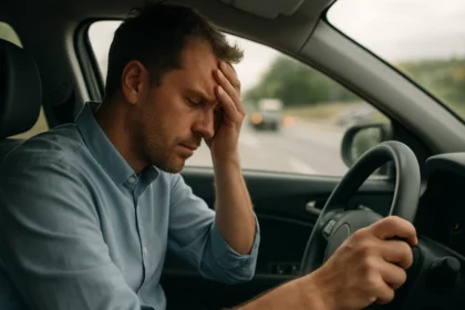 Muž za volantom s bolestivým výrazom, illustrujúci stres a únavu z rýchlej jazdy.