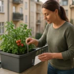 Žena sa stará o samozavlažovaciu balkónovú nádobu s paradajkami.