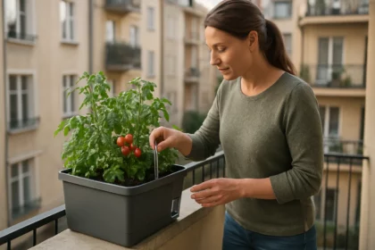 Žena sa stará o samozavlažovaciu balkónovú nádobu s paradajkami.