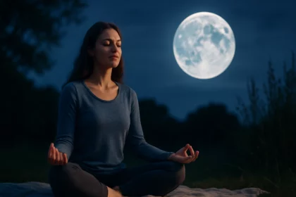 Žena meditujúca pod modrým mesiacom na pokoji v prírode.