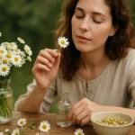 Žena skúma sedmokrásky pre ich liečivé účinky v prírodnej lekárni.