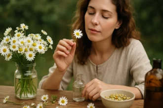 Žena skúma sedmokrásky pre ich liečivé účinky v prírodnej lekárni.