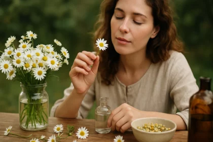 Žena skúma sedmokrásky pre ich liečivé účinky v prírodnej lekárni.