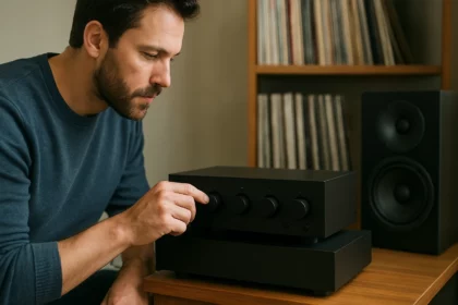 Muž nastavuje predzosilňovač na zlepšenie zvuku v audio zariadení.