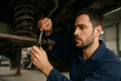 Mechanik opravuje Panhardovu tyč pre zlepšenie odpruženia vozidla