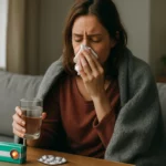 Žena s prechladnutím holding pohár vody a utierkou na nos.