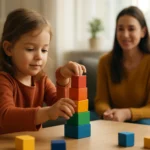 Dieťa stavia vežu z farebných blokov so smútiacou matkou v pozadí.