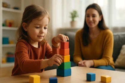 Dieťa stavia vežu z farebných blokov so smútiacou matkou v pozadí.