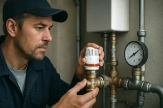 Technik inštaluje termostatický zmiešavací ventil vo vykurovacom systéme.