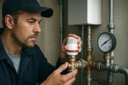 Technik inštaluje termostatický zmiešavací ventil vo vykurovacom systéme.