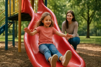 Dieťa sa smeje na šmýkačke, podporované matkou v parku.