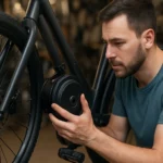 Muž opravuje elektrický bicykel a kontroluje motor.