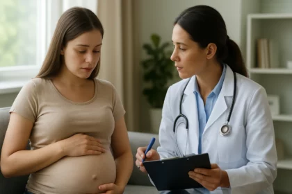 Tehotná žena sa konzultuje s lekárom o riedidlách krvi.