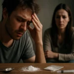 Osoba trpiaca následkami drog a blízka osoba v pozadí