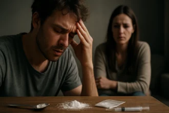 Osoba trpiaca následkami drog a blízka osoba v pozadí