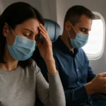 Cestujúci v lietadle so zdravotnou masou, vyjadrujúci stres a únavu