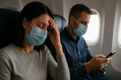 Cestujúci v lietadle so zdravotnou masou, vyjadrujúci stres a únavu