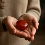 Osoba drží červený achát, kameň symbolizujúci energiu a ochranu.