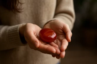 Osoba drží červený achát, kameň symbolizujúci energiu a ochranu.