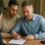 Dvojica mužov podpisujúcich dokumenty pri právnom poradenstve.