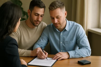Dvojica mužov podpisujúcich dokumenty pri právnom poradenstve.