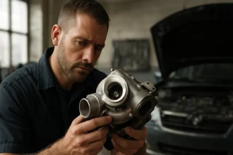 Mechanik kontroluje turbínu pre zvýšenie výkonu automobilu