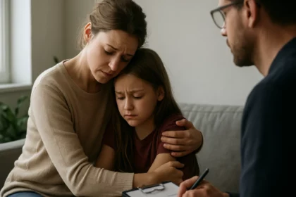 Matka objíma smútiace dieťa počas terapeutickej sedenia.