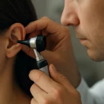 Lékař vyšetřuje ucho pacientky pomocí otoskopu