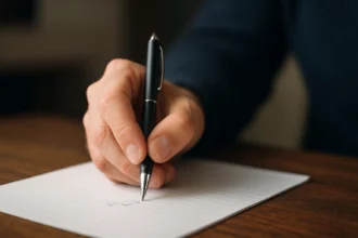 Ruka s guľôčkovým perom píše na plátno.