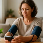 Žena merajúca krvný tlak s mätou na stole