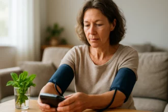 Žena merajúca krvný tlak s mätou na stole