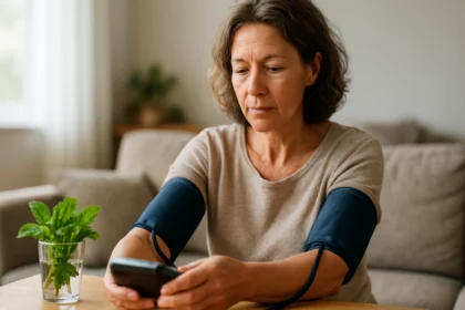 Žena merajúca krvný tlak s mätou na stole