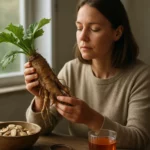 Žena skúma koreň tajgy, tradičný adaptogén pre zdravie.