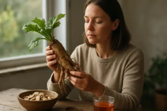 Žena skúma koreň tajgy, tradičný adaptogén pre zdravie.