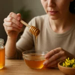 Žena drži med na lyžičke nad miskou s medom
