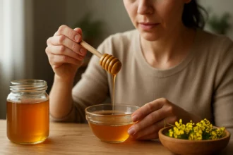 Žena drži med na lyžičke nad miskou s medom
