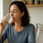 Žena pije anglickú vodu z pohára v kuchyni