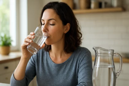 Žena pije anglickú vodu z pohára v kuchyni