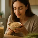 Žena si užíva jačmeň v miske, symbol zdravia a výživy.