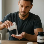 Muž s glutamínovým práškom a pohárom vody na stole