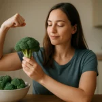 Zdravá žena s brokolicou posilňujúca svoju imunitu a zdravie.