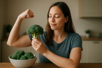 Zdravá žena s brokolicou posilňujúca svoju imunitu a zdravie.