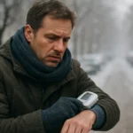 Muž meria krvný tlak v chladnom zimnom počasí.