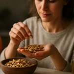 Žena vyberá pražené tekvicové semienka z misky.