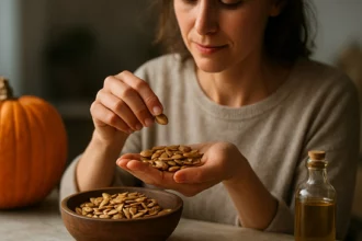 Žena vyberá pražené tekvicové semienka z misky.